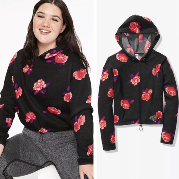 Victoria's Secret PINK | Black & Red Flower Crop Hoodie | Size Small - Picture 1 of 9
